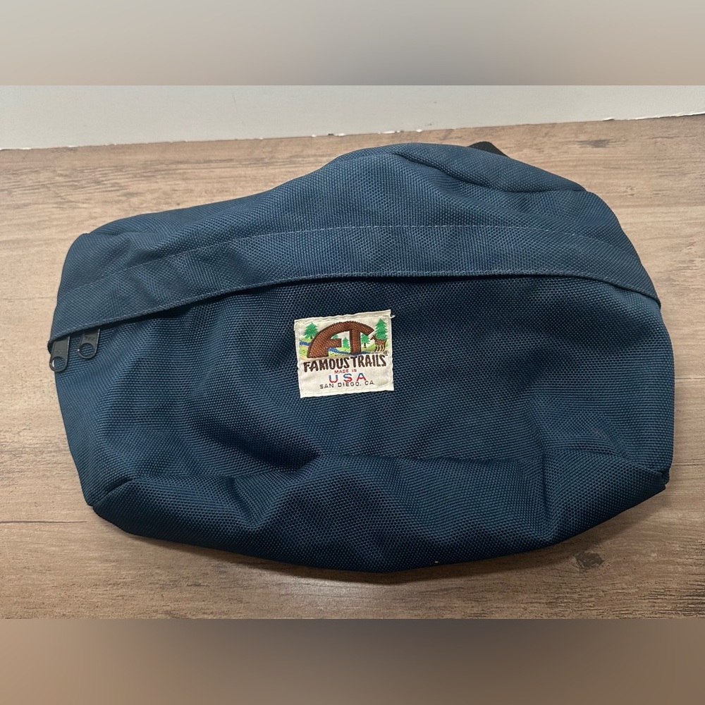 Vintage Blue Famous Trails Blue Zip Large Fanny Pack Bag Travel‎ Hiking Cargo.